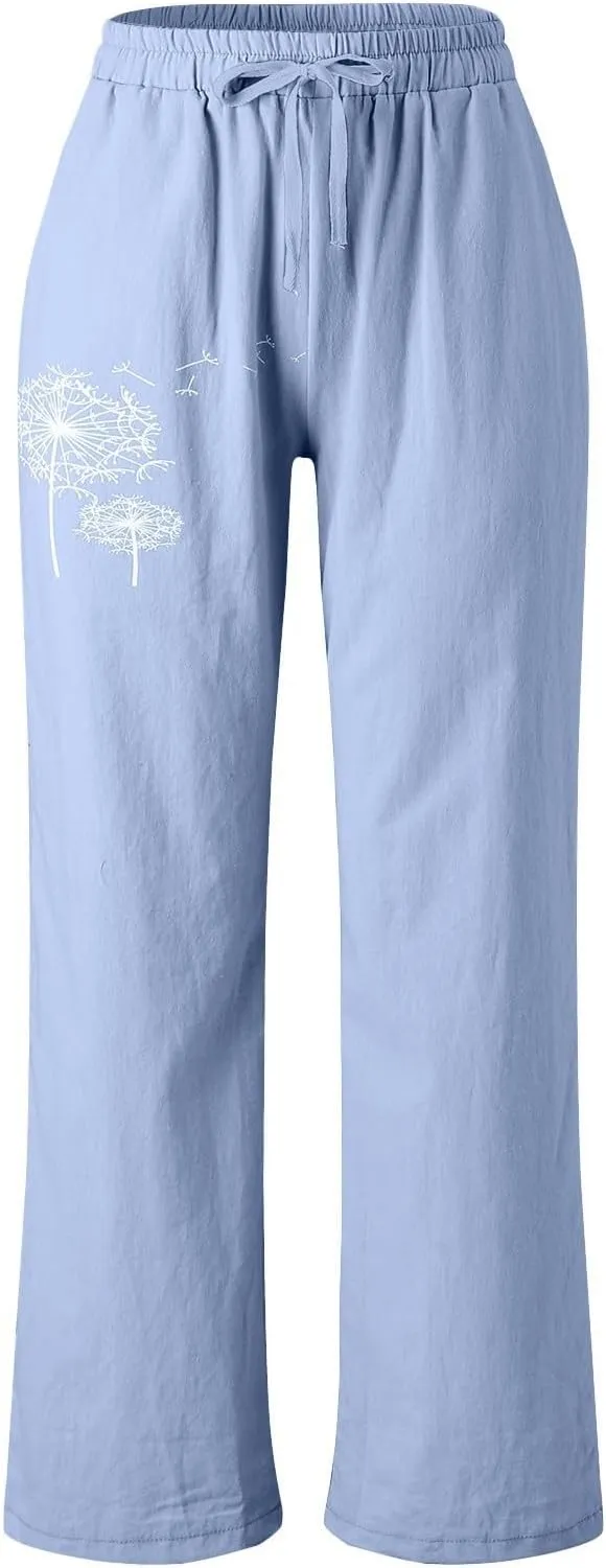 Casual Pants Women Summer Wide Leg Pants Drawstring Elastic Waist Pants High Waisted Lounge Pants Beach Trousers