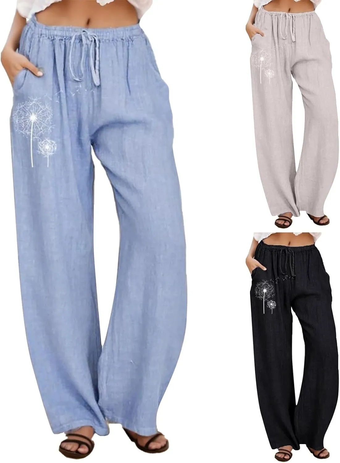 Casual Pants Women Summer Wide Leg Pants Drawstring Elastic Waist Pants High Waisted Lounge Pants Beach Trousers