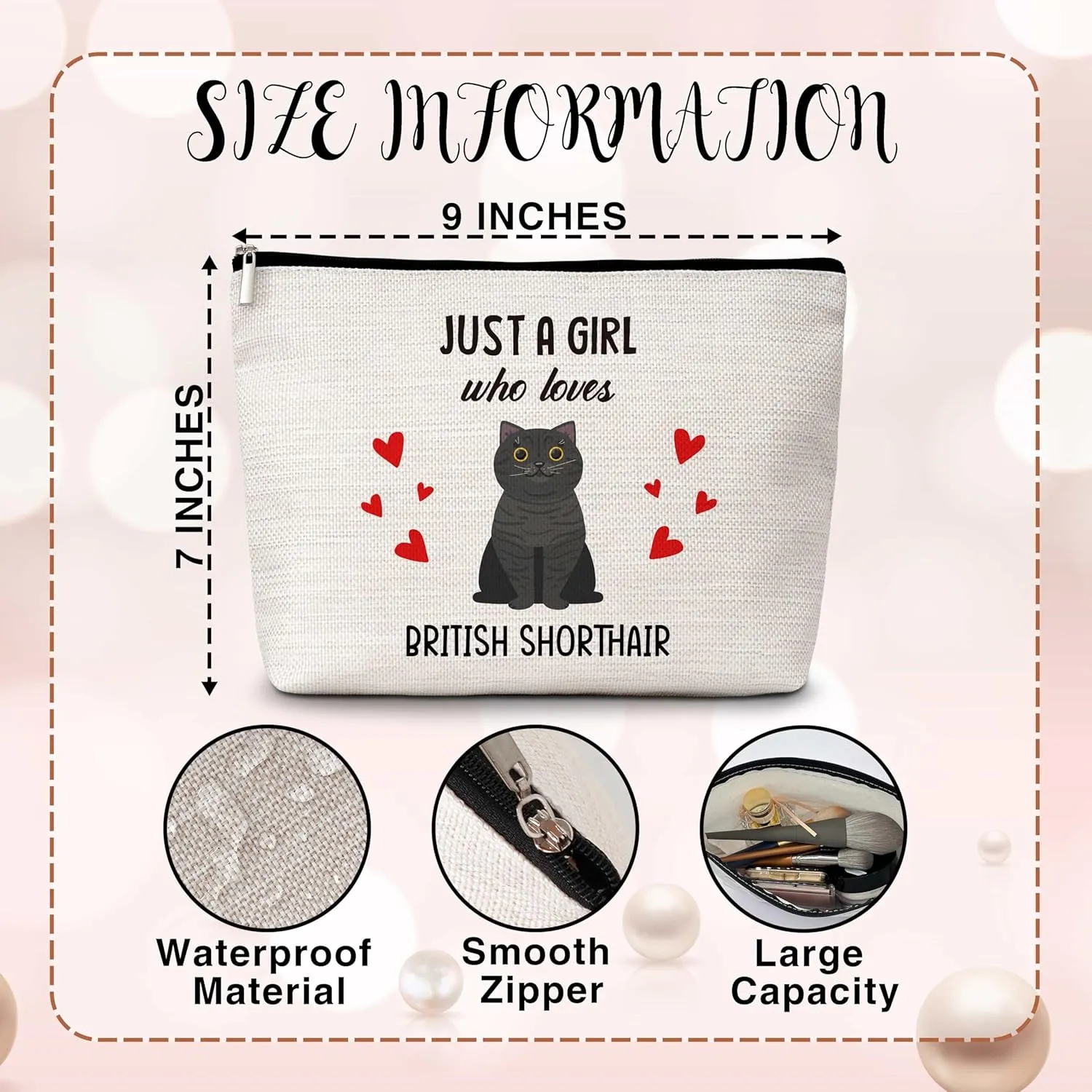 Cat Lover Gift Makeup Bags, Just A Girl Who Loves Cats Cosmetic Bag, British Shorthair Makeup Pouch Gifts for Cat Lovers Pet Owners, Birthday Christmas Gifts for Girls Women Friends -79