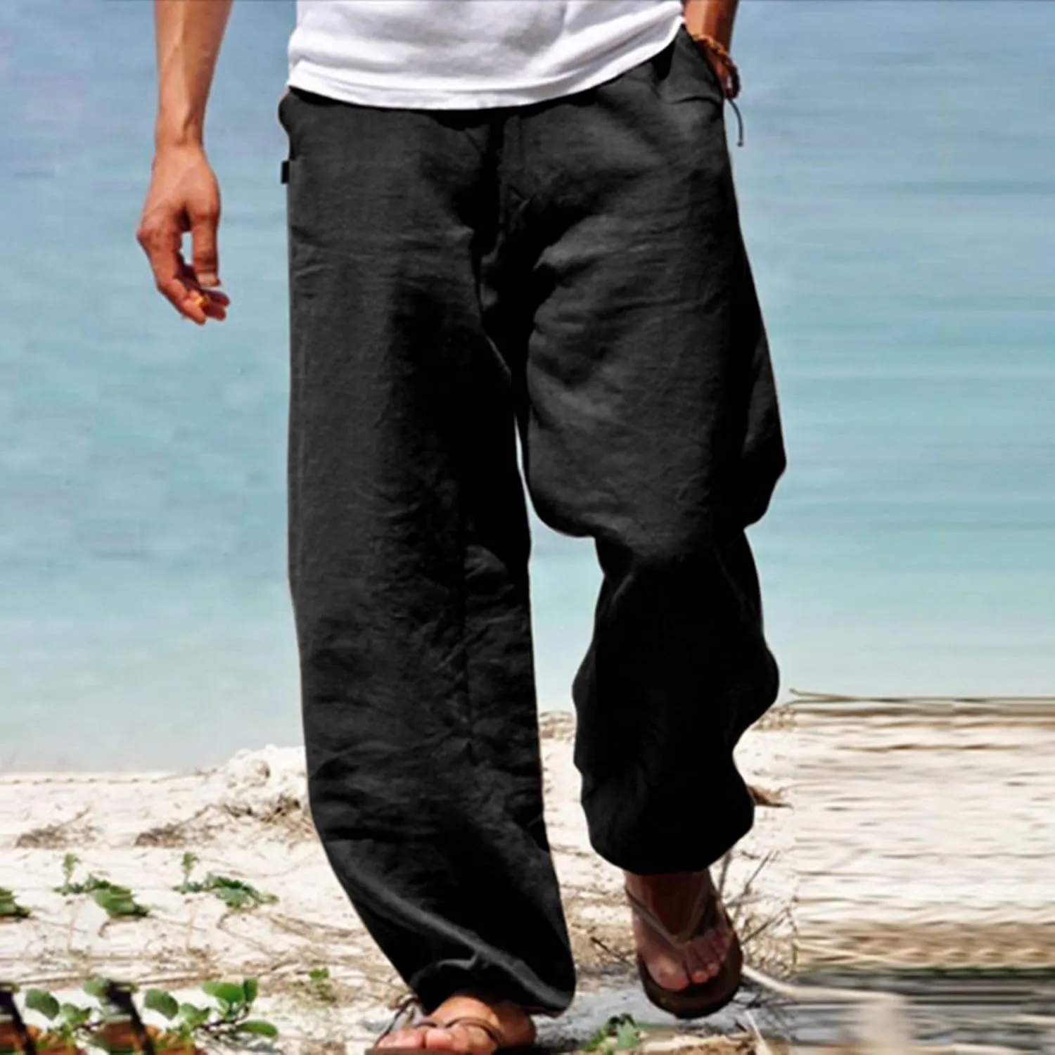 Cdiecer Linen Wide Leg Pants Men Summer Beach Pants Lightweight Baggy Pants Elastic Waist Drawstring Trousers Harem Pants