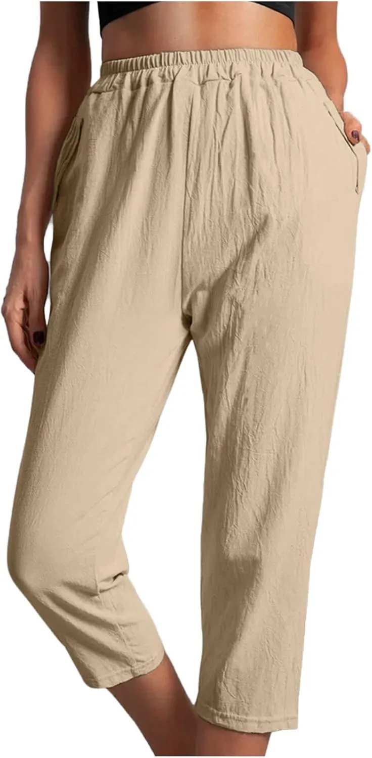 Ceboyel Women's Solid Tapered Linen Pants Elastic High Waist Baggy Pants Relax Fit Capris Pants Casual Lounge Trousers