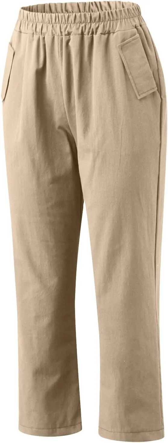 Ceboyel Women's Solid Tapered Linen Pants Elastic High Waist Baggy Pants Relax Fit Capris Pants Casual Lounge Trousers