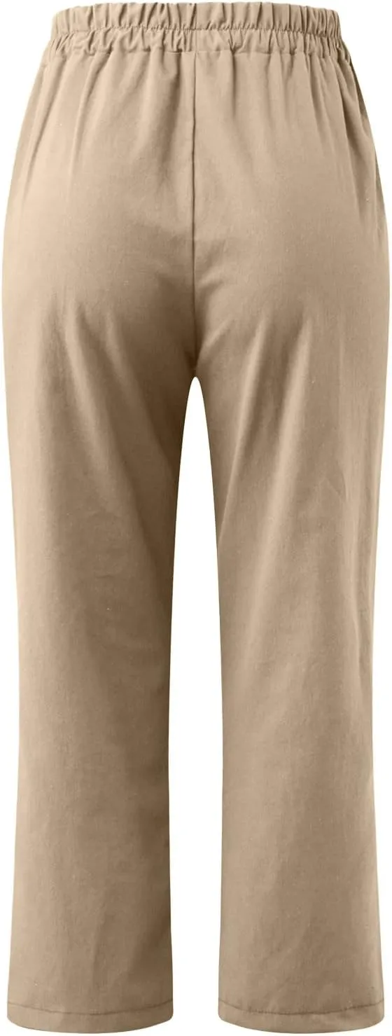 Ceboyel Women's Solid Tapered Linen Pants Elastic High Waist Baggy Pants Relax Fit Capris Pants Casual Lounge Trousers