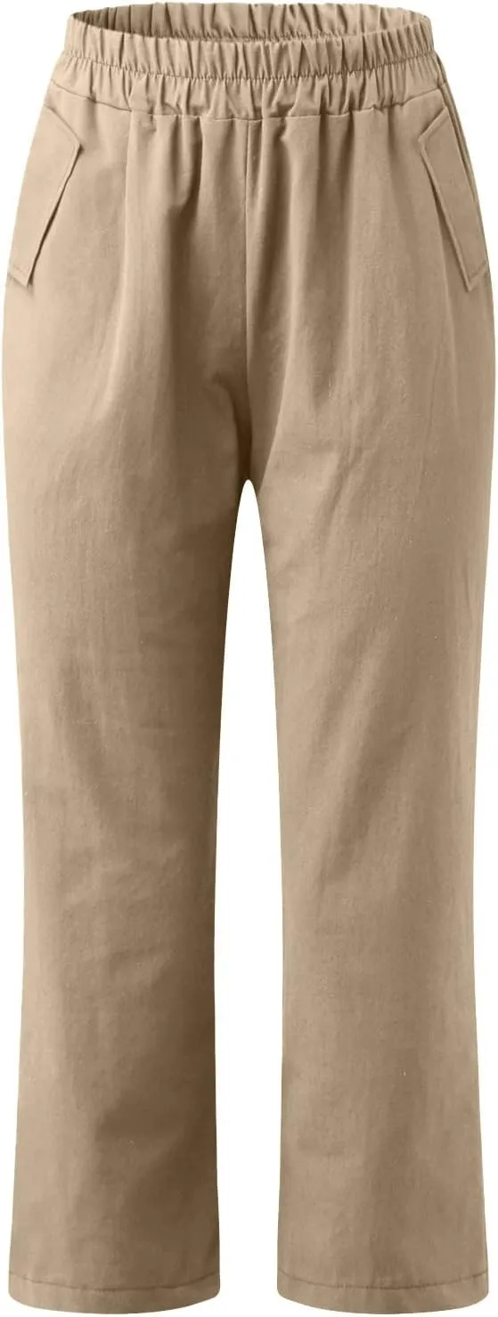 Ceboyel Women's Solid Tapered Linen Pants Elastic High Waist Baggy Pants Relax Fit Capris Pants Casual Lounge Trousers