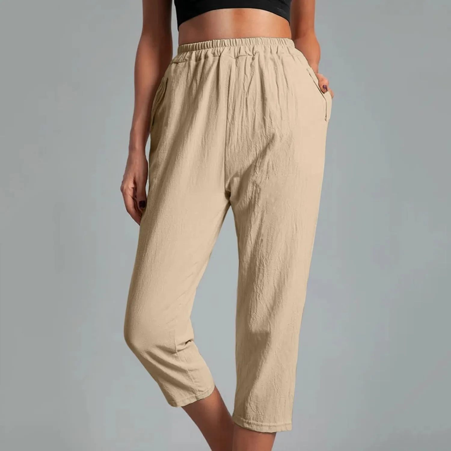 Ceboyel Women's Solid Tapered Linen Pants Elastic High Waist Baggy Pants Relax Fit Capris Pants Casual Lounge Trousers
