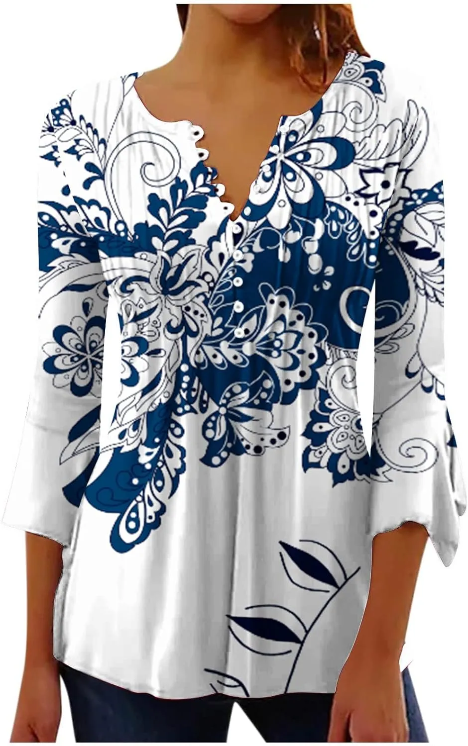Ceboyel Womens Summer Tops 2023 Floral Button Down Tunic Shirts 3/4 Sleeve Tops Blouse Trendy Dressy Casual Ladies Clothes