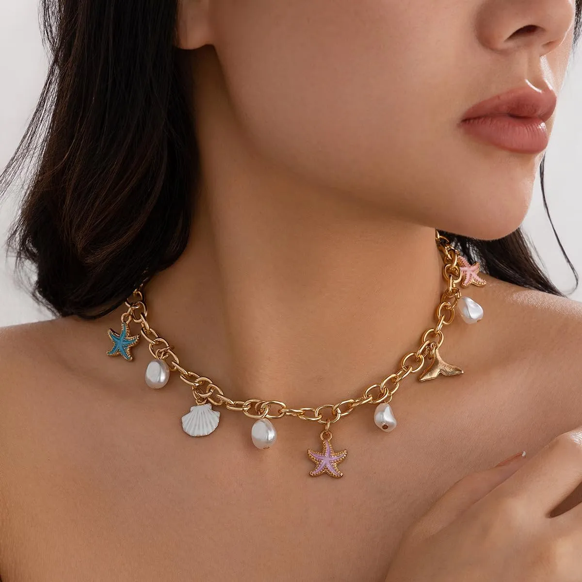 Charm Necklace for Women Seashell Shell Necklace Chunky Gold Necklace Bracelet Conch Starfish Charm Neckalce Mermaid Costume Jewelry Beach Jewelry for Women