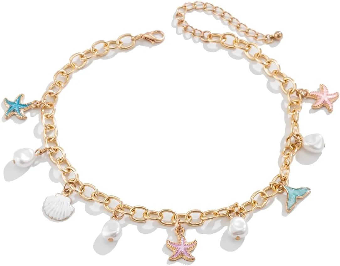 Charm Necklace for Women Seashell Shell Necklace Chunky Gold Necklace Bracelet Conch Starfish Charm Neckalce Mermaid Costume Jewelry Beach Jewelry for Women