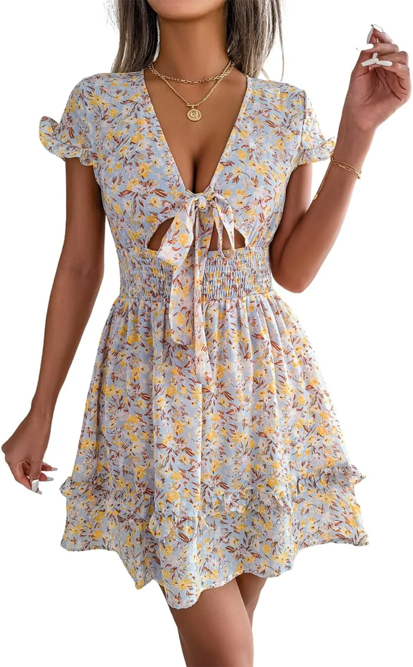 CHARTOU Women's Summer Ditsy Floral Print Self Tie V Neck Smocked A-Line Ruffle Mini Dress