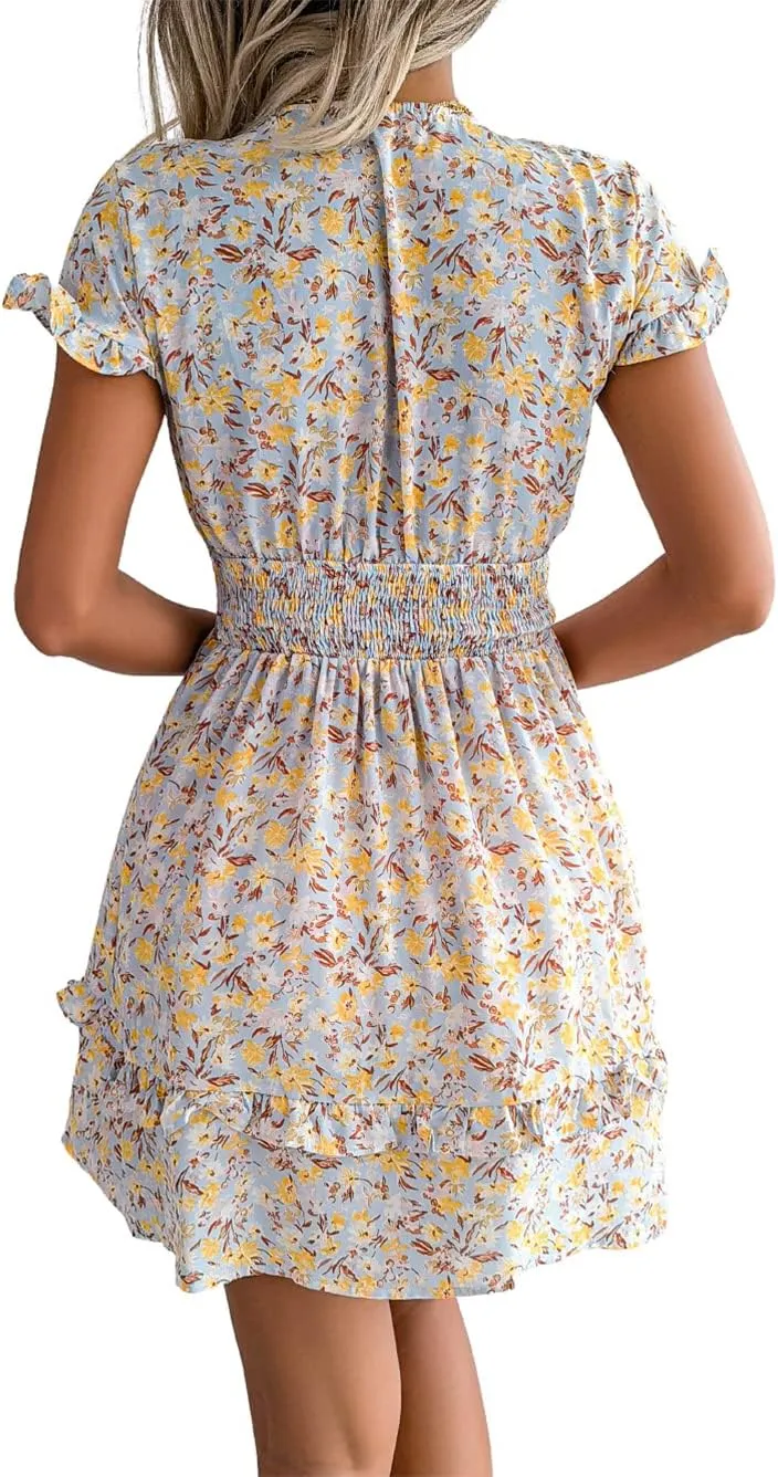 CHARTOU Women's Summer Ditsy Floral Print Self Tie V Neck Smocked A-Line Ruffle Mini Dress