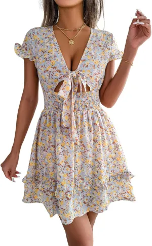 CHARTOU Women's Summer Ditsy Floral Print Self Tie V Neck Smocked A-Line Ruffle Mini Dress