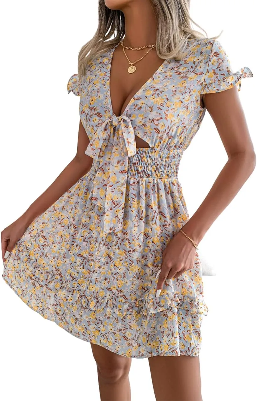 CHARTOU Women's Summer Ditsy Floral Print Self Tie V Neck Smocked A-Line Ruffle Mini Dress