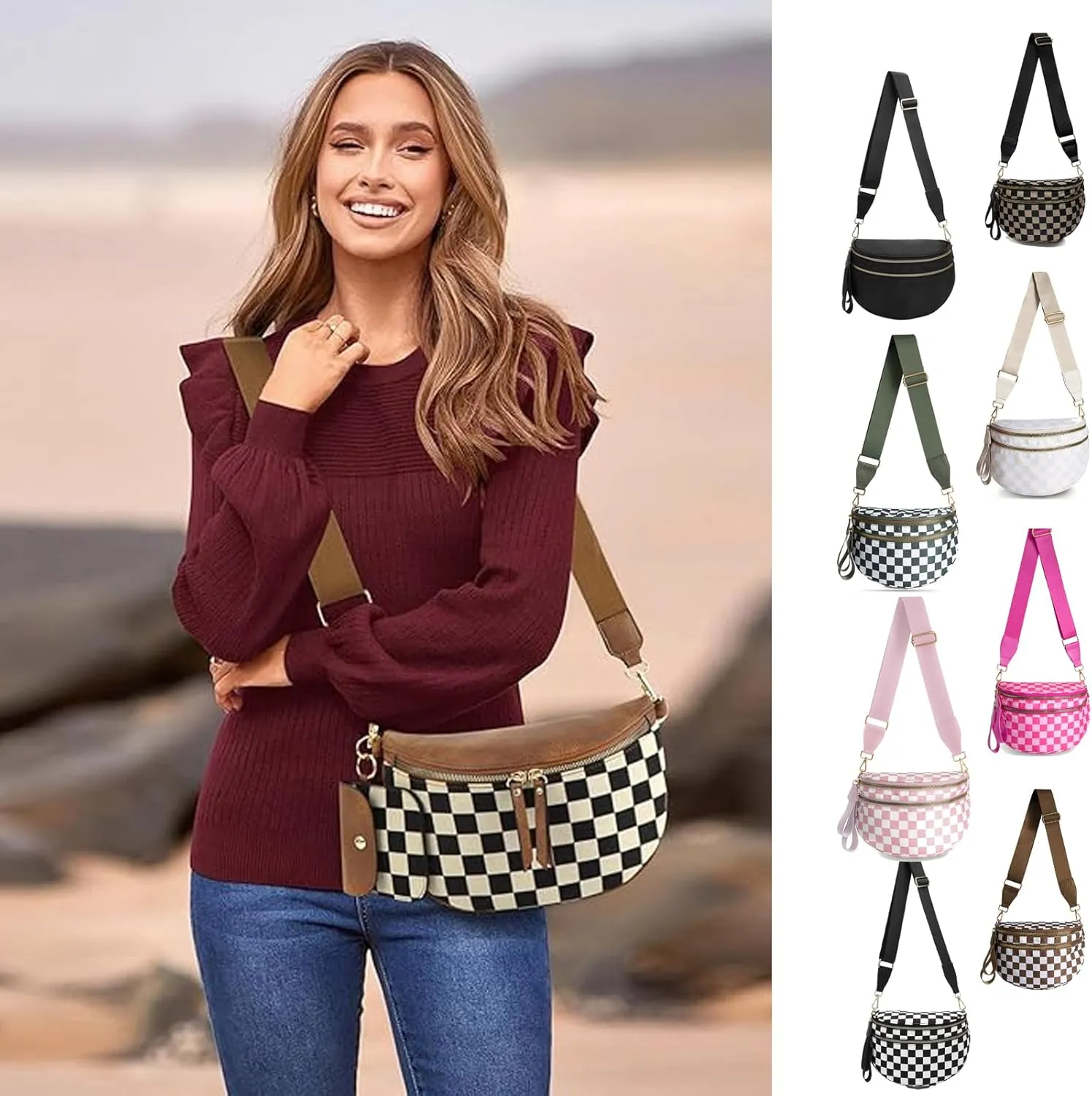 Checkered Bum Bag Crossbody,Checkered Purse, Checkered Fanny Pack,Checkerboard Fanny Pack (brown plaid)