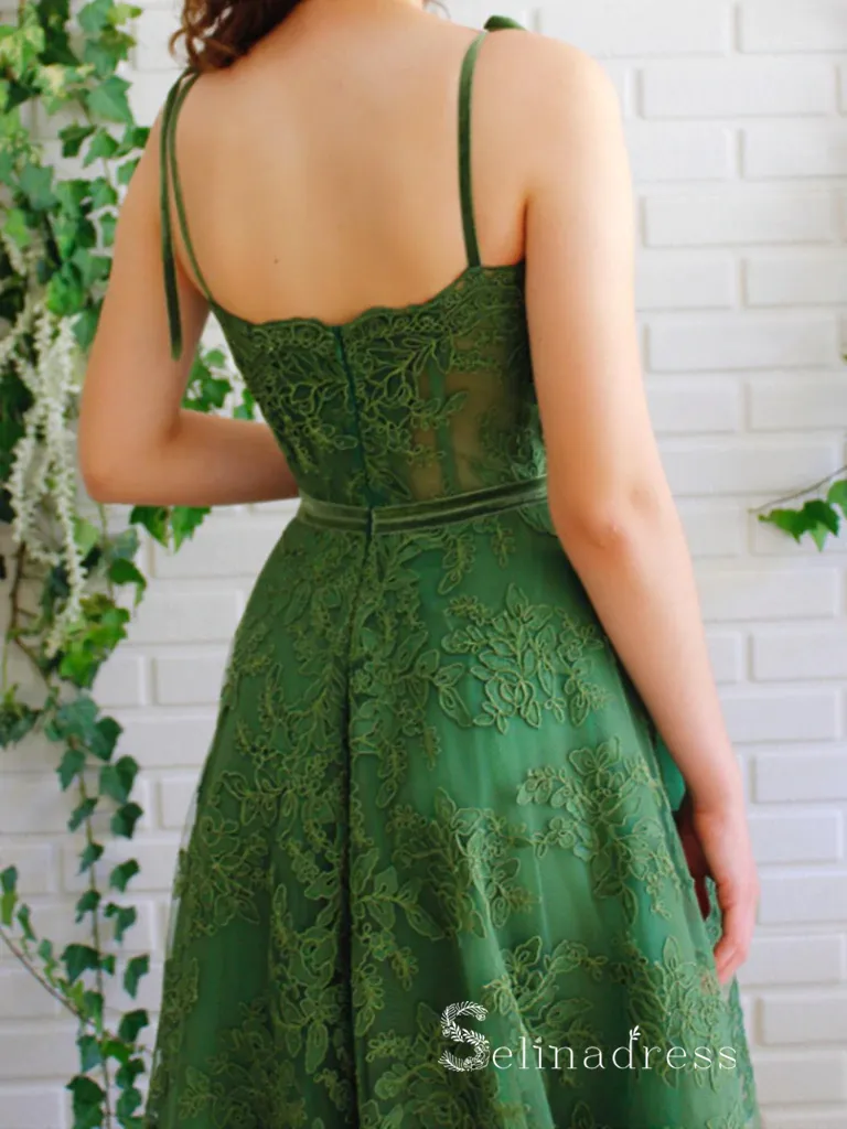 Chic A-line Spaghetti Straps Green Lace Long Prom Dresses Beautiful Evening Dresses MLH1222