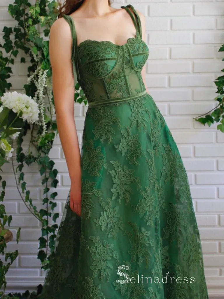 Chic A-line Spaghetti Straps Green Lace Long Prom Dresses Beautiful Evening Dresses MLH1222