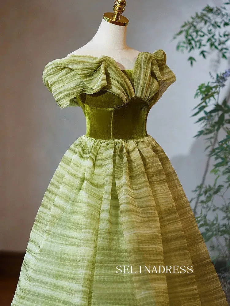 Chic Green Ombre Tulle Long Prom Dress Elegant Off-the-shuolder Evening Gowns TKL1900