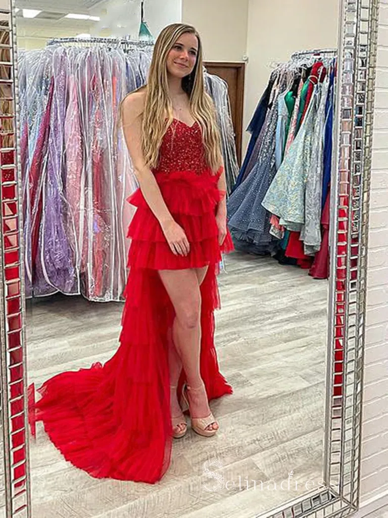 Chic High Low Sweetheart Red Gorgeous Long Prom Dresses Evening Dresses MLH1231