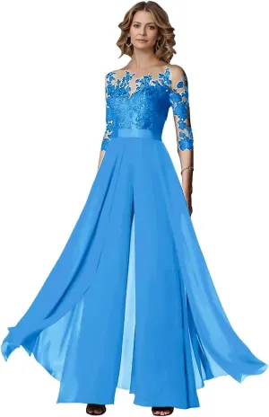 Chiffon Jumpsuits Mother of The Bride Long Sleeve Laces Wedding Formal Pant Suits for Women