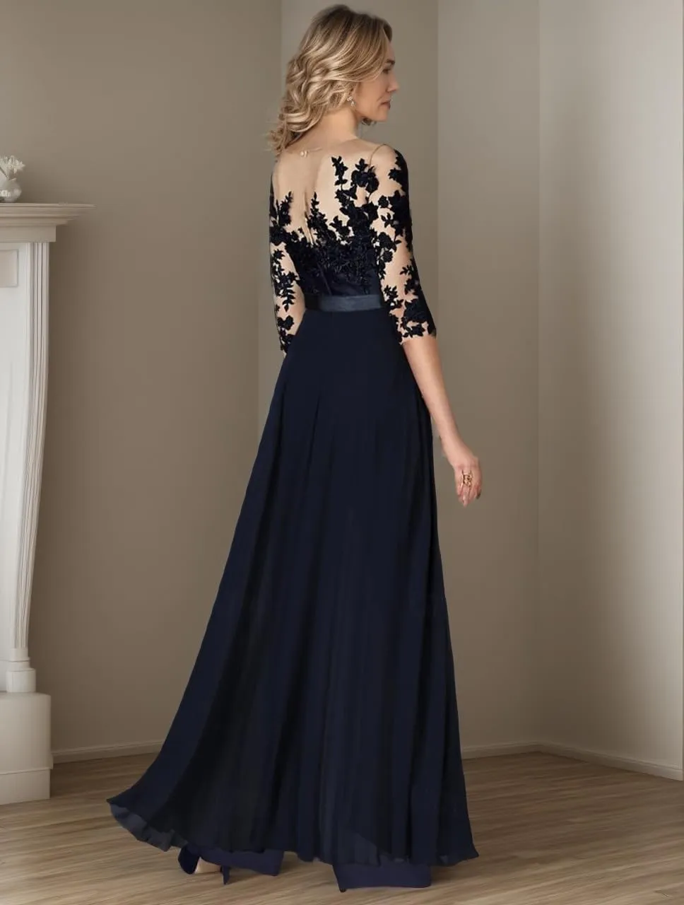 Chiffon Jumpsuits Mother of The Bride Long Sleeve Laces Wedding Formal Pant Suits for Women