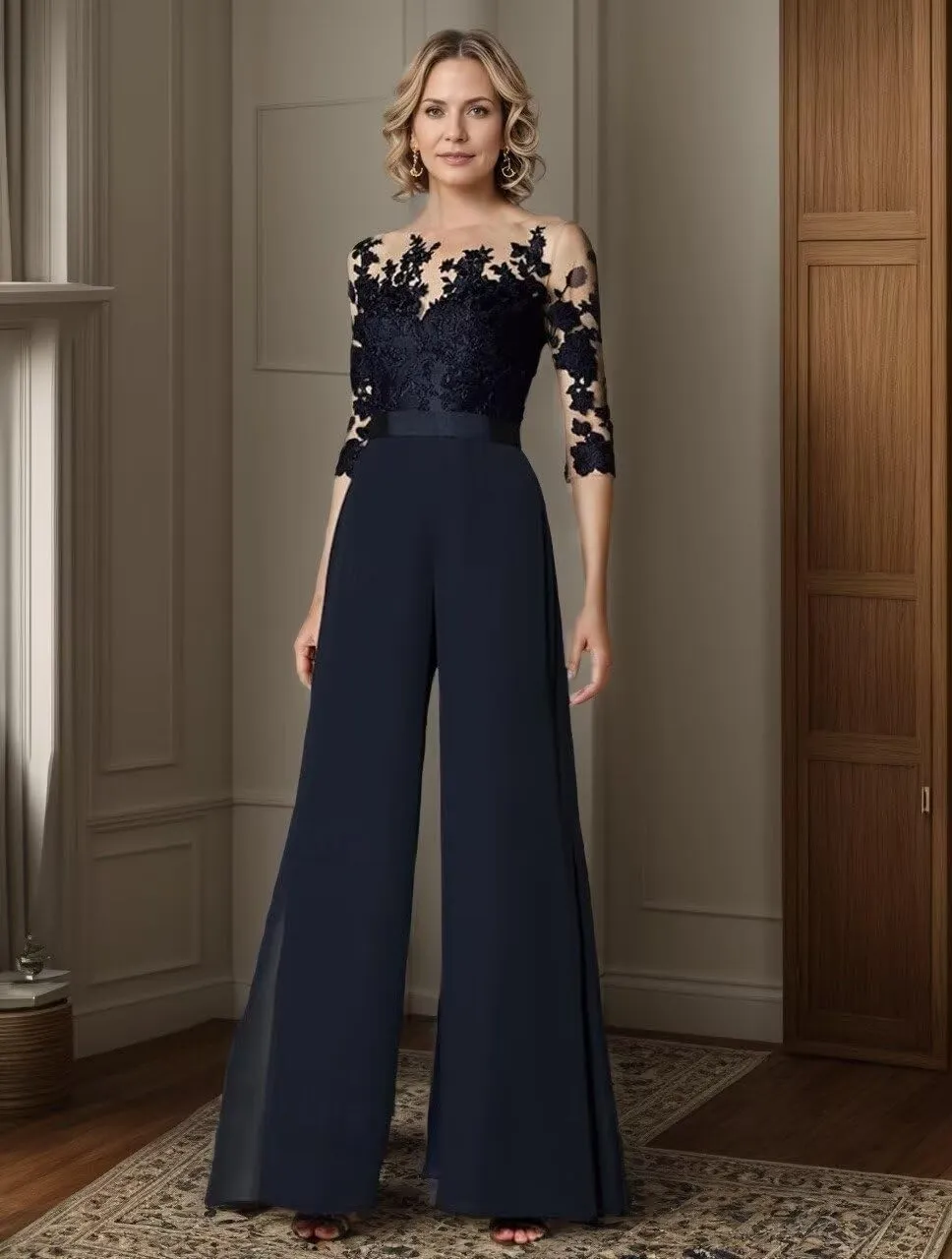 Chiffon Jumpsuits Mother of The Bride Long Sleeve Laces Wedding Formal Pant Suits for Women