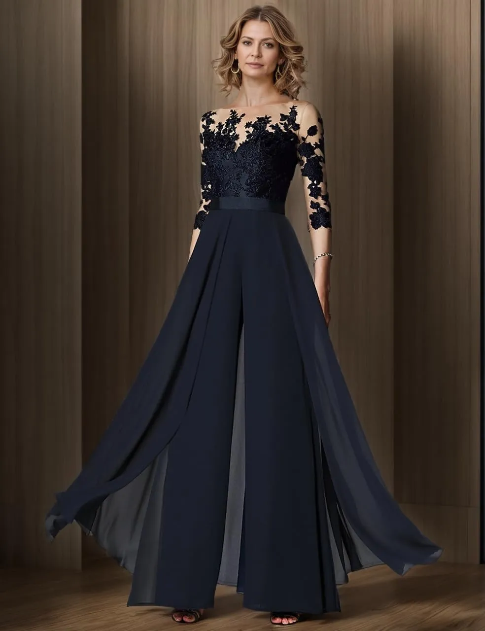Chiffon Jumpsuits Mother of The Bride Long Sleeve Laces Wedding Formal Pant Suits for Women
