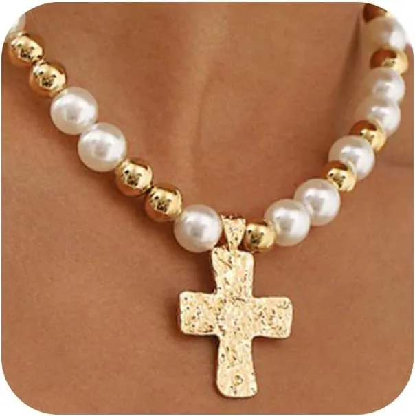 Chunky Gold Cross Beaded Pearls Necklace for Women Statement Hammered Bold Cross Pendant Vintage Silver Beads Pearl Necklaces Y2K Religious Jewelry Gift