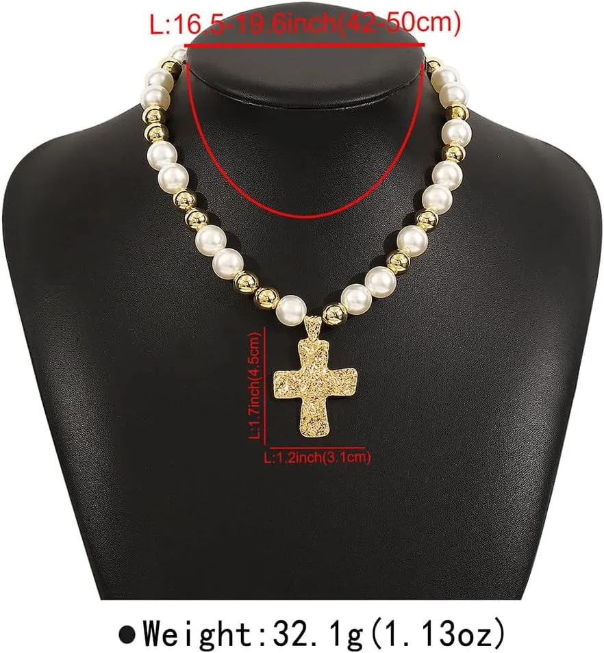 Chunky Gold Cross Beaded Pearls Necklace for Women Statement Hammered Bold Cross Pendant Vintage Silver Beads Pearl Necklaces Y2K Religious Jewelry Gift