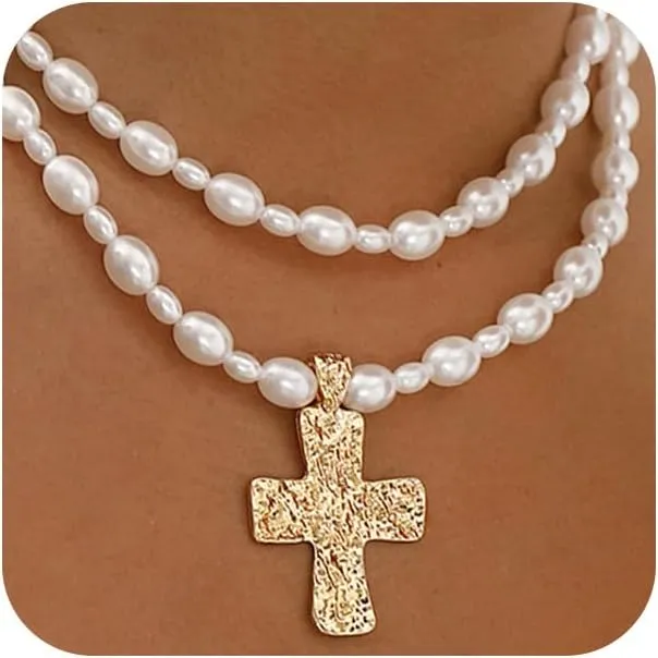 Chunky Gold Hammered Cross Beaded Pearls Necklace for Women Statement Bold Silver Cross Pendant Vintage Y2K Pearl Choker Necklaces Religious Jewelry