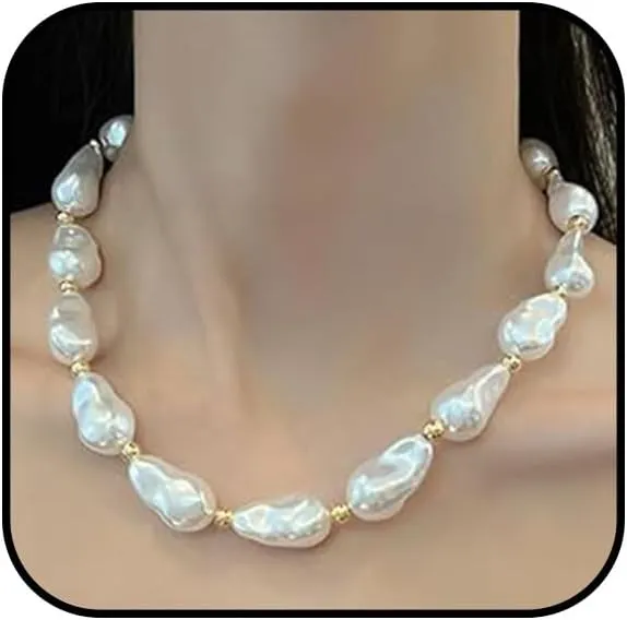 Chunky Pearl Necklace for Women Baroque Pearl Choker Necklace White Freshwater Pearl Necklace Dainty Irregular Large Pearl Necklace Thick Pearl Beaded Chain Necklace