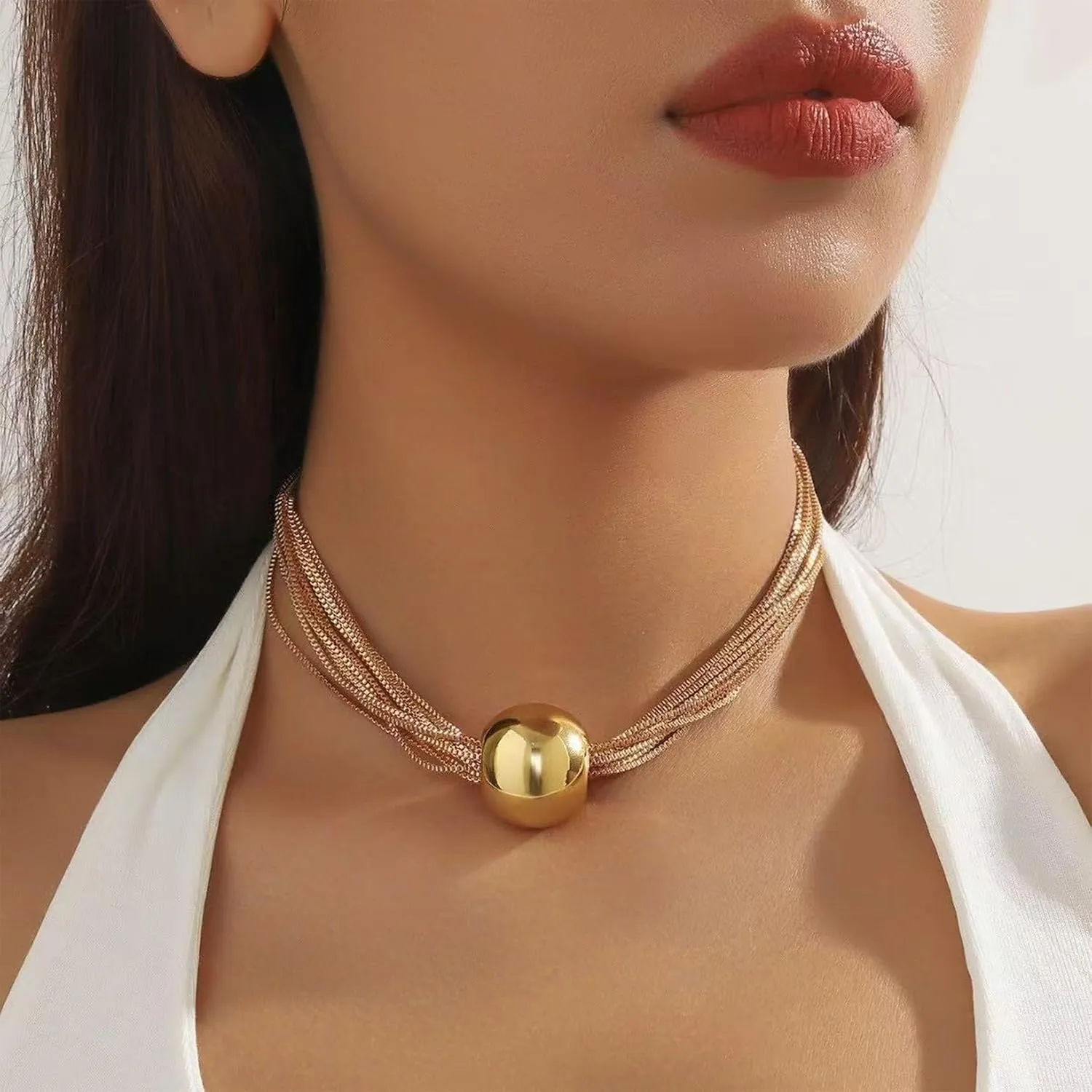 Chunky Silver Statement Necklace for Women Mixed Metal Layered Chain Jewelry Adjustable Bohemian Chunky Bead Choker