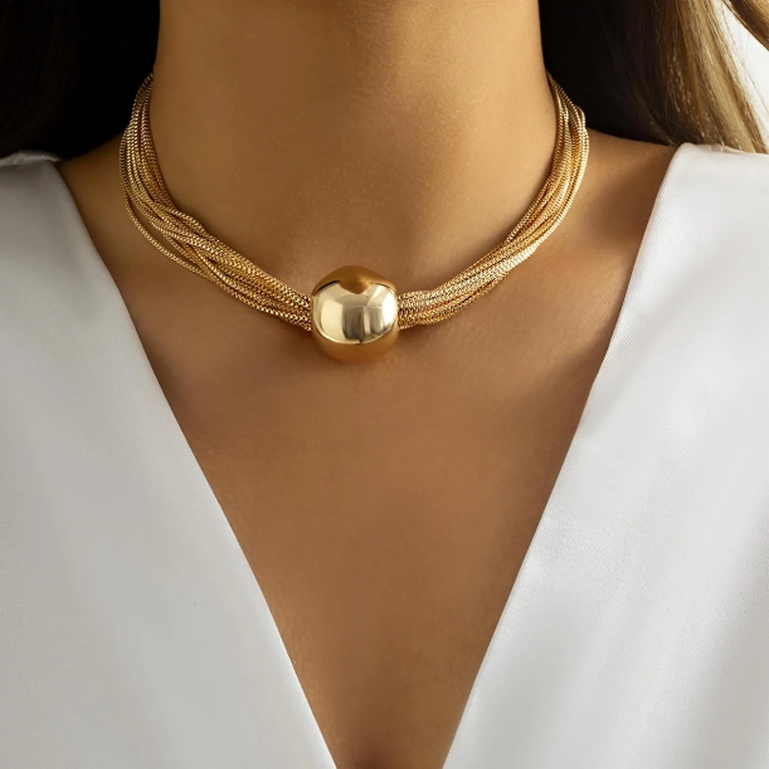Chunky Silver Statement Necklace for Women Mixed Metal Layered Chain Jewelry Adjustable Bohemian Chunky Bead Choker