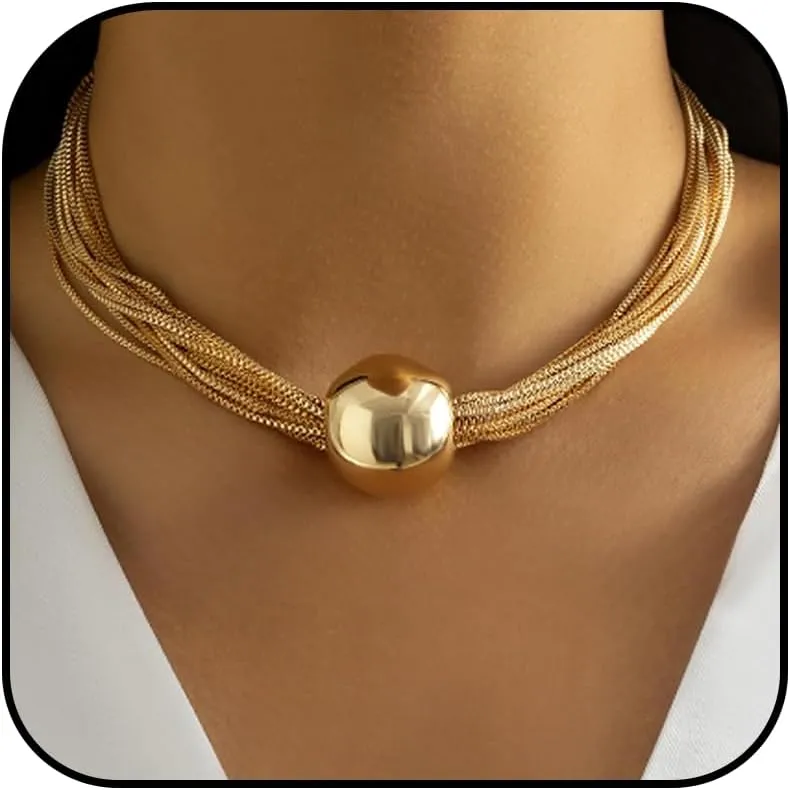 Chunky Silver Statement Necklace for Women Mixed Metal Layered Chain Jewelry Adjustable Bohemian Chunky Bead Choker