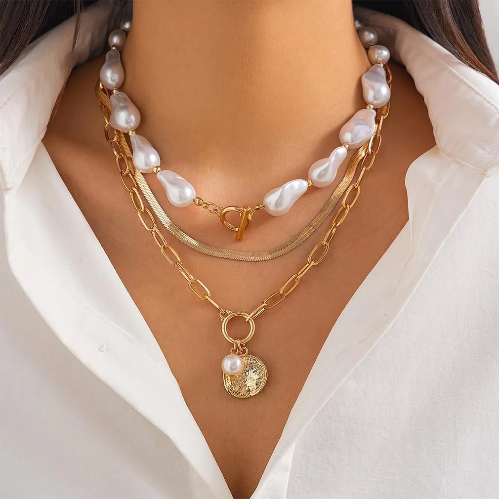 Chunky Stack Pearl Pendant Necklaces for Women Fashion Layered Baroque Pearls Choker Paperclip Necklace Trendy Stacked Statement Jewelry Gifts