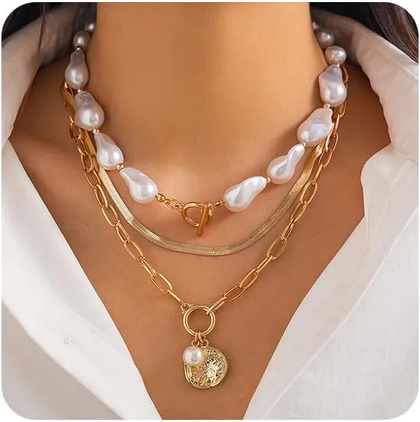 Chunky Stack Pearl Pendant Necklaces for Women Fashion Layered Baroque Pearls Choker Paperclip Necklace Trendy Stacked Statement Jewelry Gifts