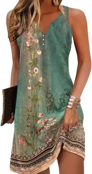 Chvity Womens Boho Dress Summer V Neck Sleeveless Dresses Ethnic Floral Print Sundress Mini Dress