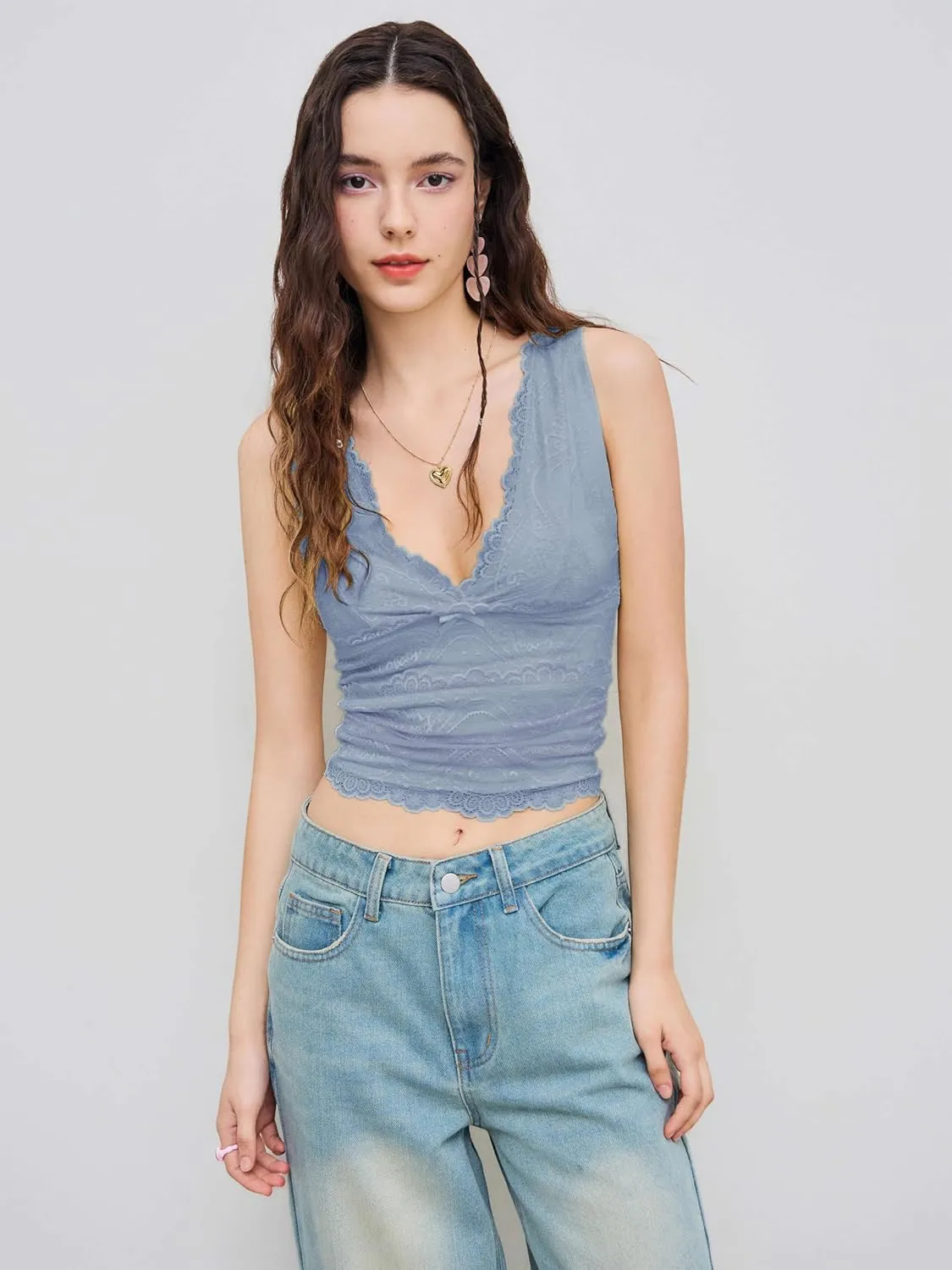CIDER Lace Crop Tank Tops for Women Summer V Neck Sleeveless Going Out Tops Ruched Sexy Tee Trendy T Shirts Casual