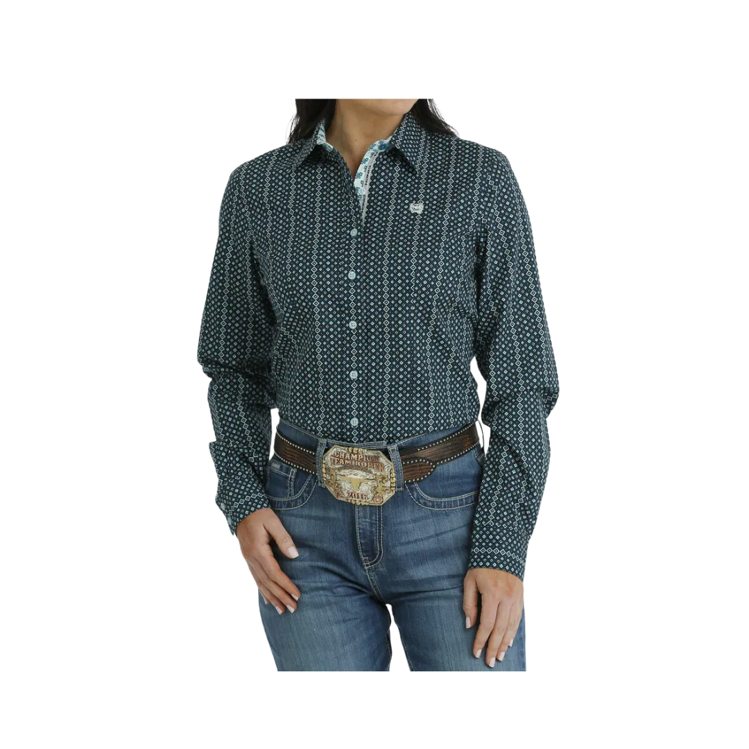 Cinch Women's Button Down Western Diamond Print Blue Shirt
