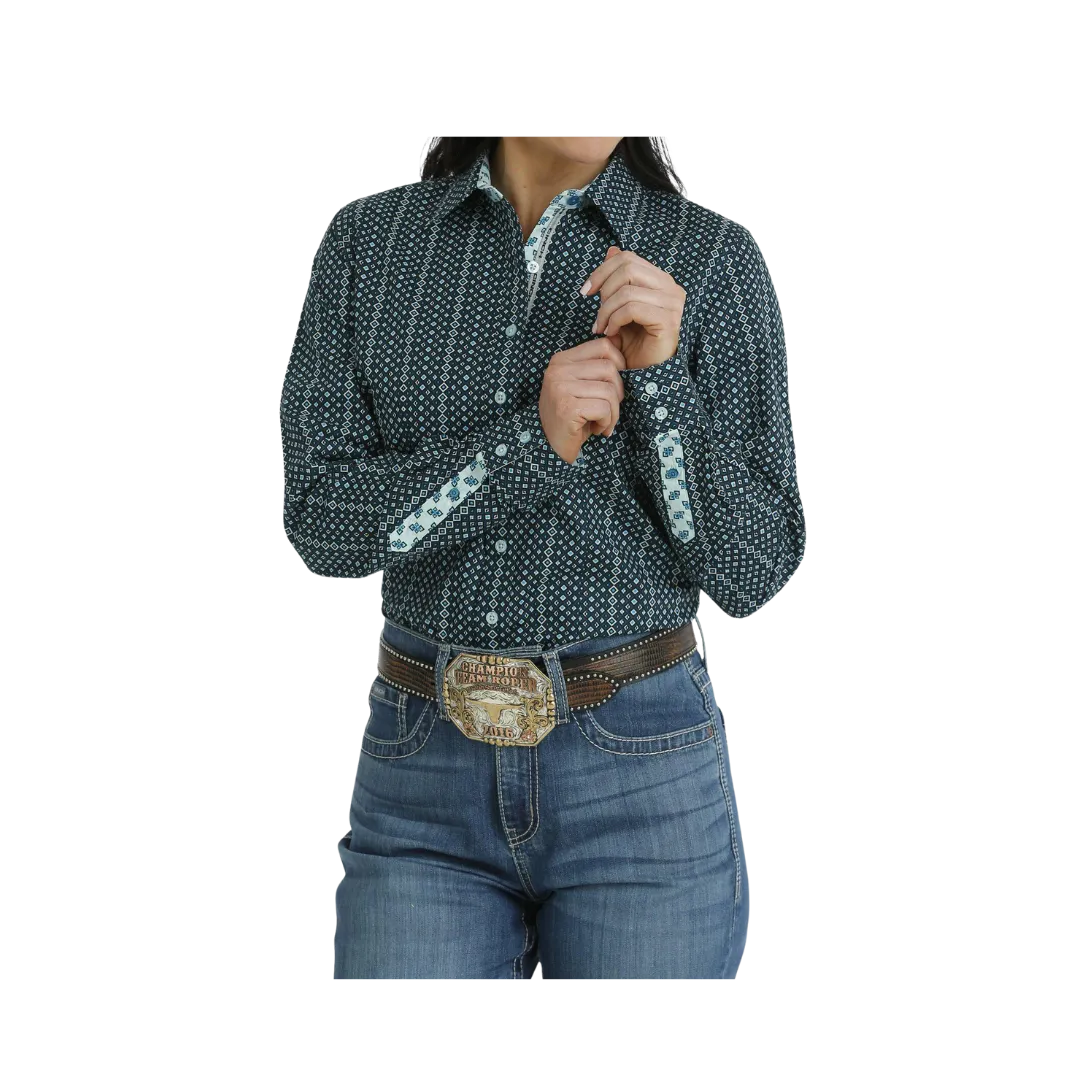 Cinch Women's Button Down Western Diamond Print Blue Shirt