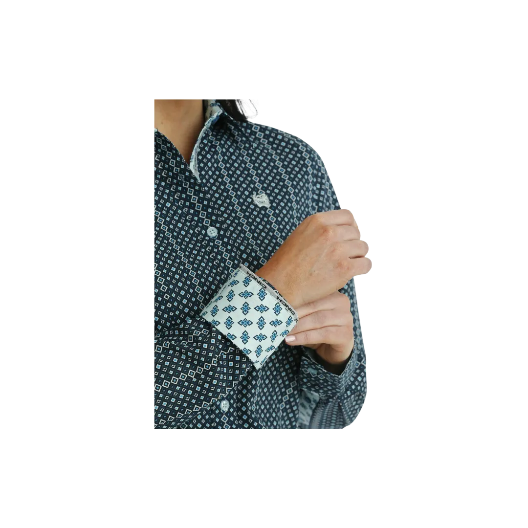 Cinch Women's Button Down Western Diamond Print Blue Shirt