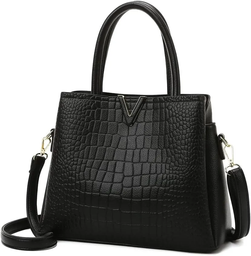 Classic Fashion Leather Satchel Handbag for Women Crocodile Pattern Big Capacity Shoulder Bag Handbag Purses (Brown)