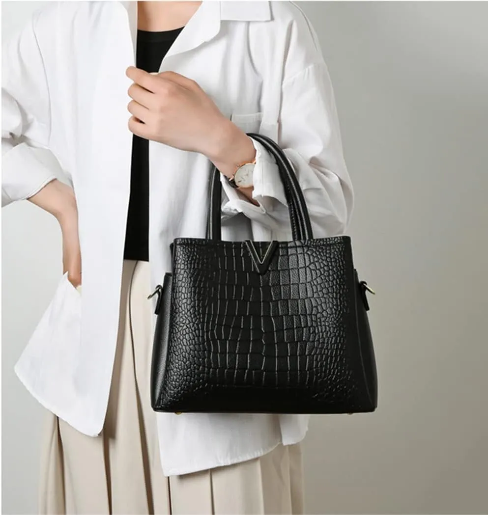 Classic Fashion Leather Satchel Handbag for Women Crocodile Pattern Big Capacity Shoulder Bag Handbag Purses (Brown)
