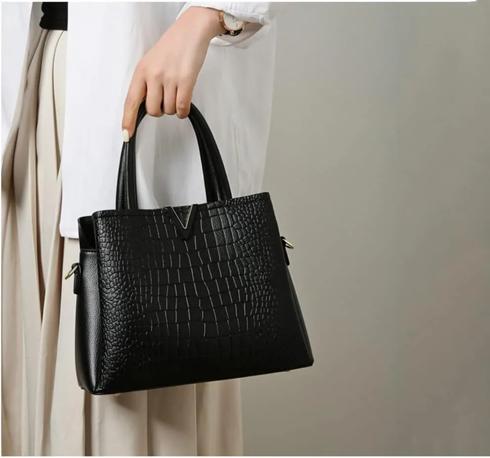 Classic Fashion Leather Satchel Handbag for Women Crocodile Pattern Big Capacity Shoulder Bag Handbag Purses (Brown)