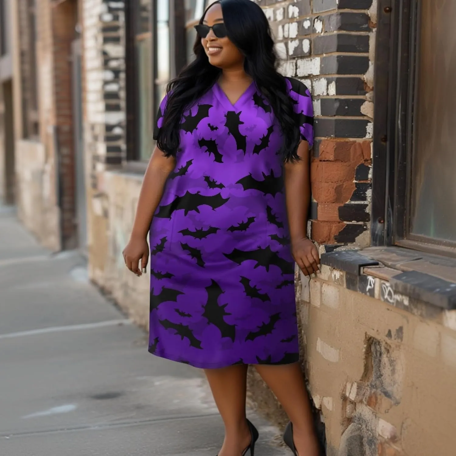 CLOHOMIN Short Sleeve Women Dresses for Party Shoping Club Oversized Dresses V Neck Midi Dress Size L-5XL