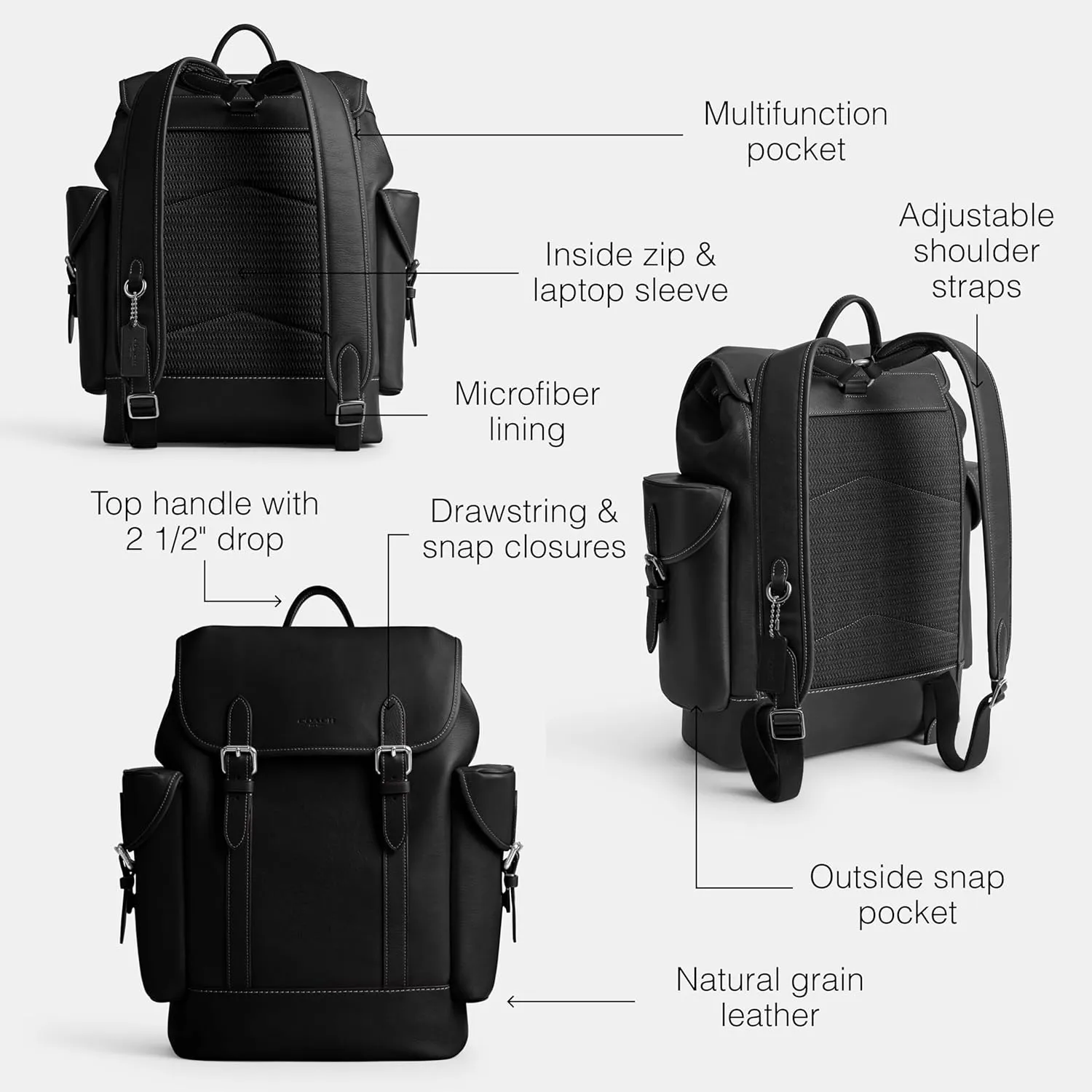 COACH Men's Hitch Backpack in Natural Full-Grain Leather, Black, One Size