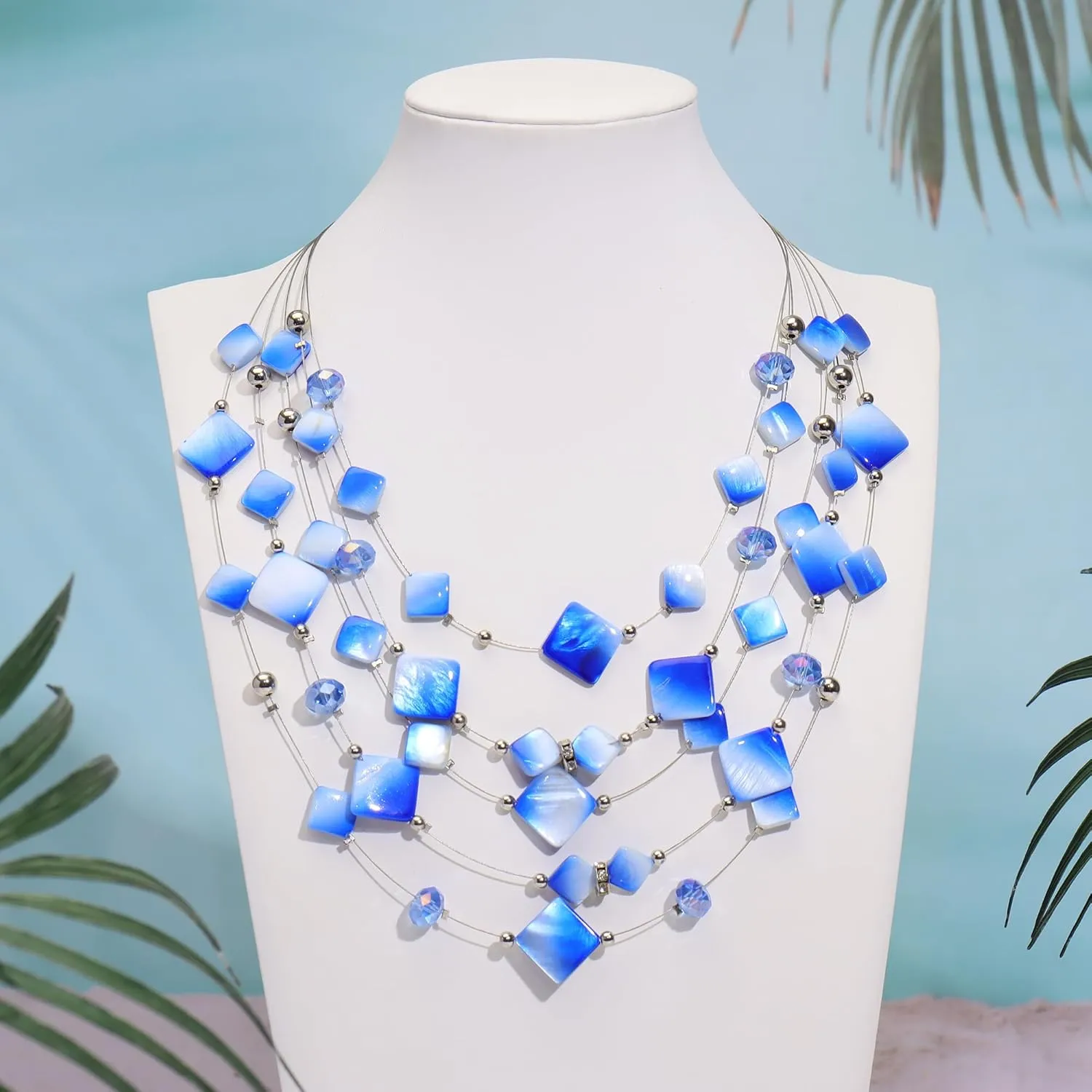 Coiris 5 Layer Illusion Wire Gradient Color Shell Beaded Statement Necklace for Women