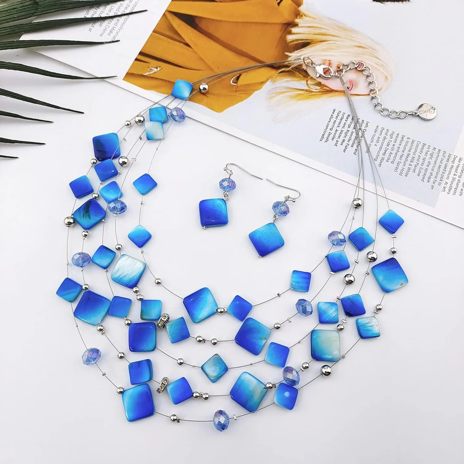 Coiris 5 Layer Illusion Wire Gradient Color Shell Beaded Statement Necklace for Women