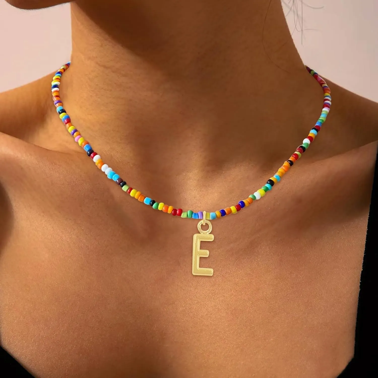 Colorful Beaded Initial Necklaces for Wowen, Personalized Choker Necklace for Her