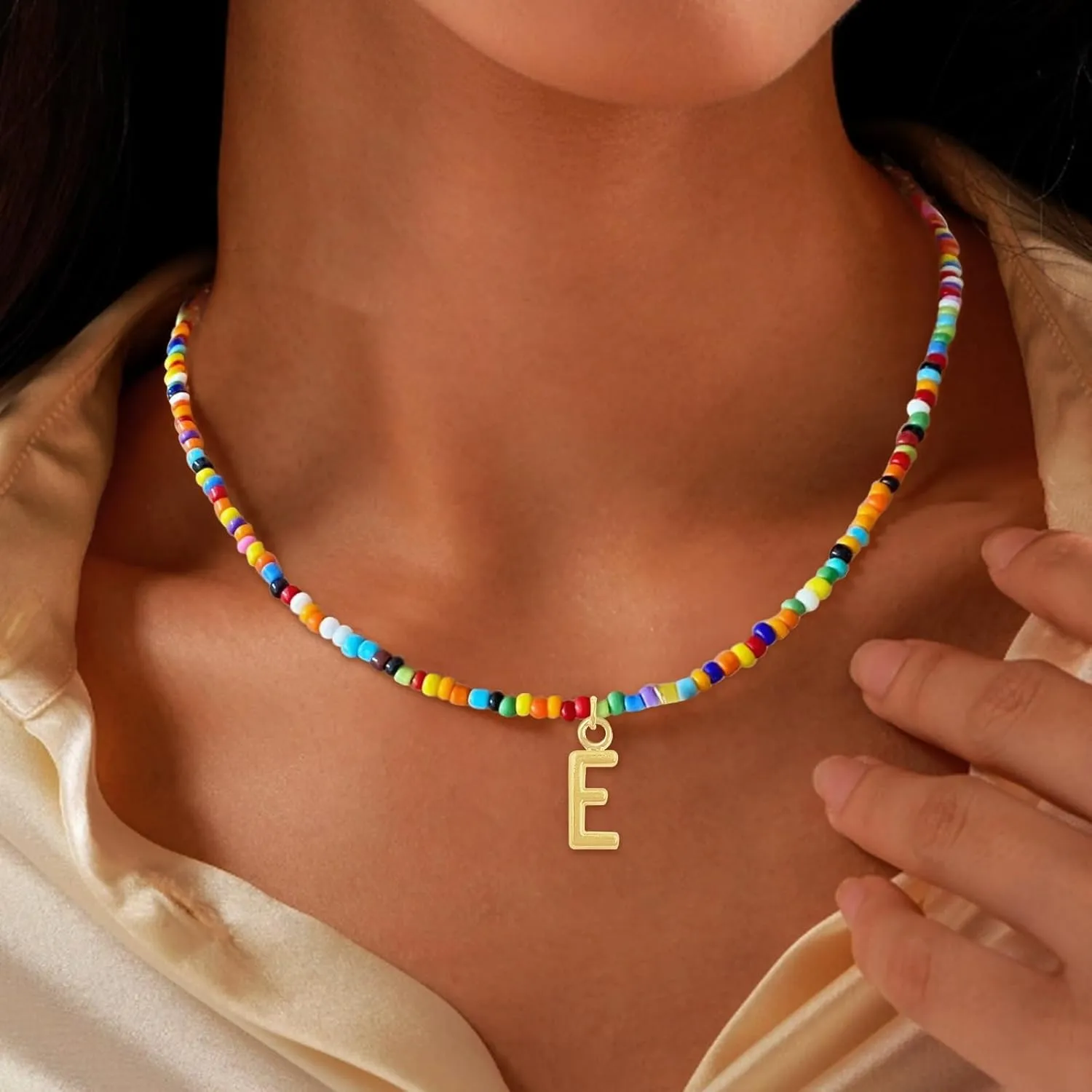 Colorful Beaded Initial Necklaces for Wowen, Personalized Choker Necklace for Her