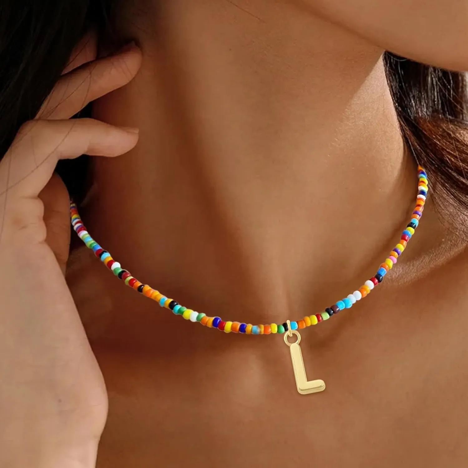 Colorful Beaded Initial Necklaces for Wowen, Personalized Choker Necklace for Her