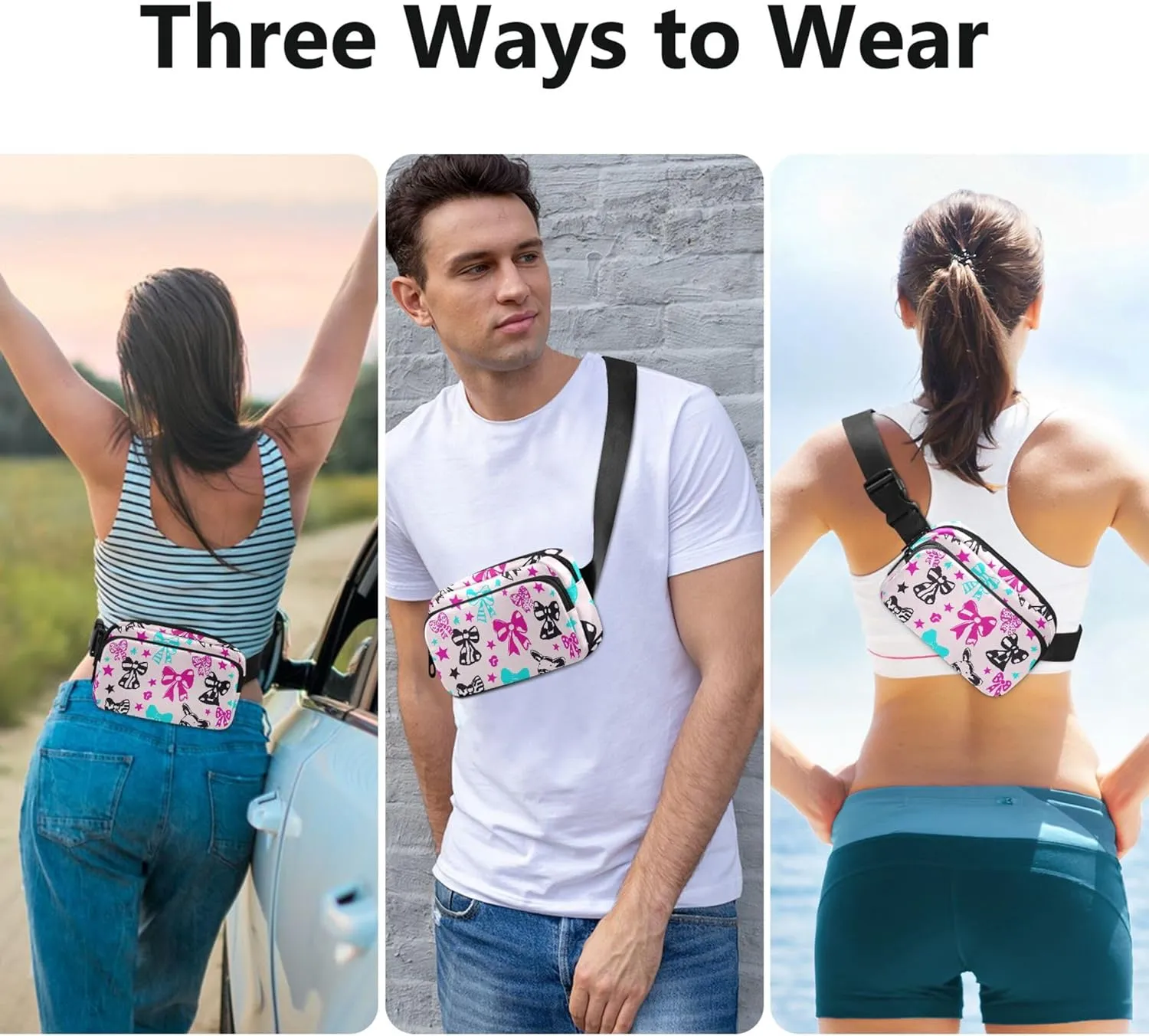 Colorful Bows Stars Women Fanny Packs Waterproof Hip Bag Belt Pouch Cute Cross Body Waist Purse